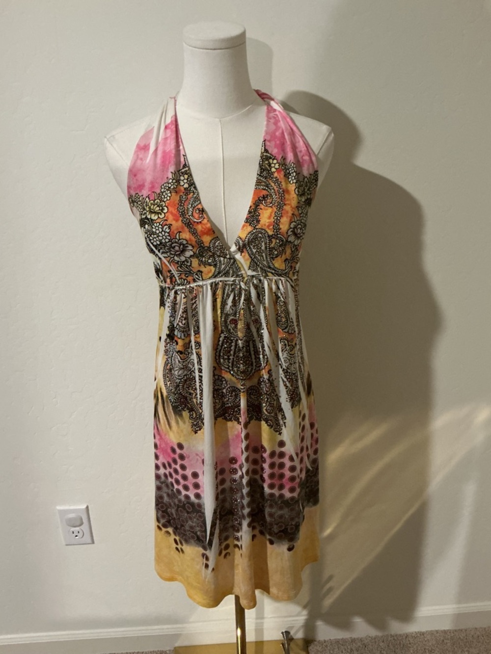 Katydid Y2K style multicoloured halter dress with rhinestones